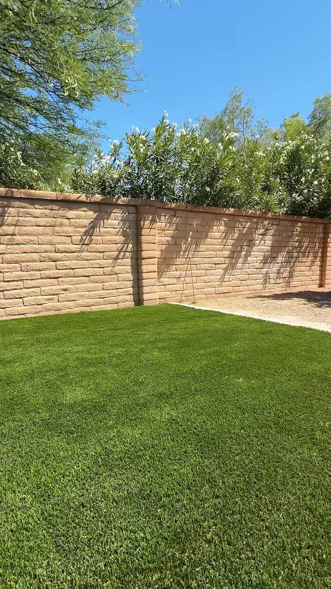 Split-face block retaining wall holding a raised artificial turf lawn on a Tucson property