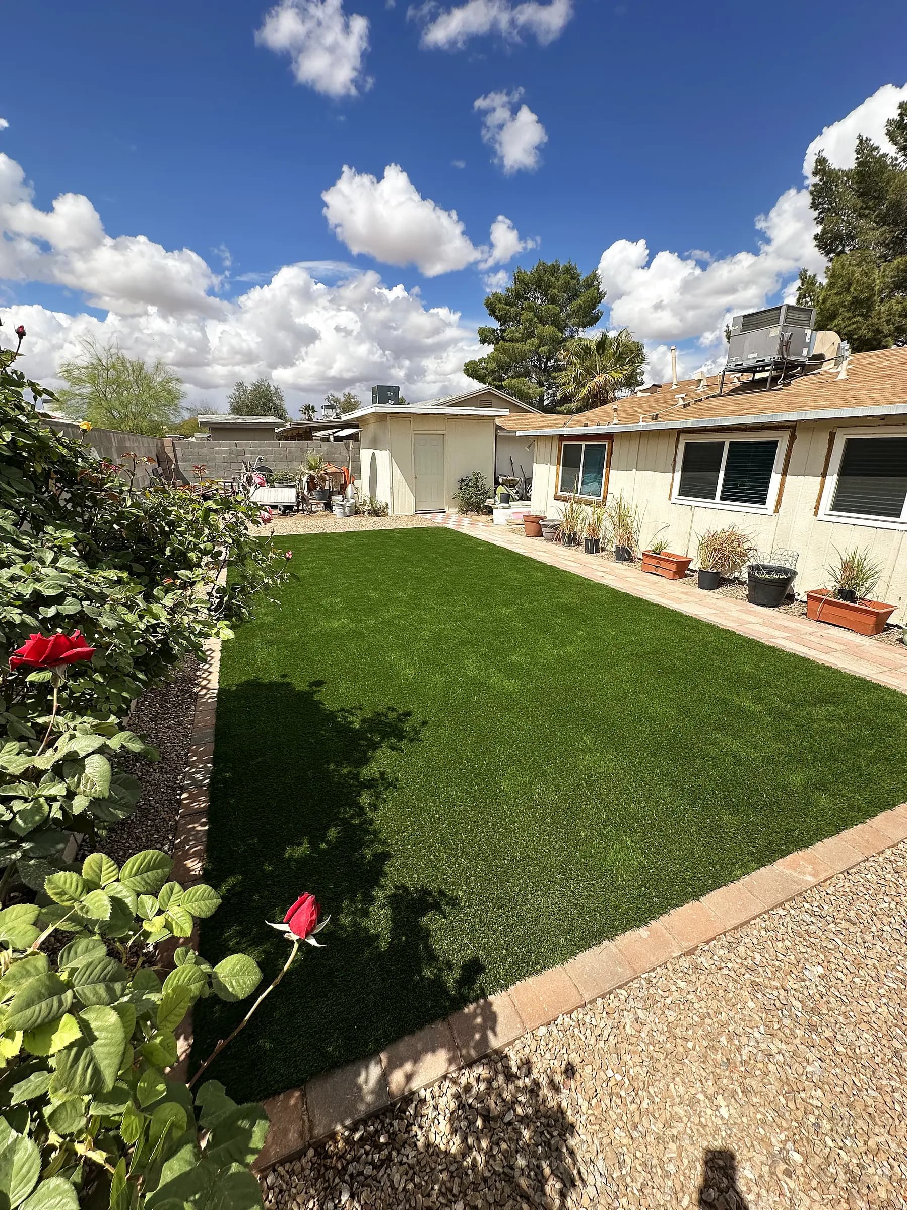 Artificial turf lawn and paver border beside a Tucson home with potted plants along the wall